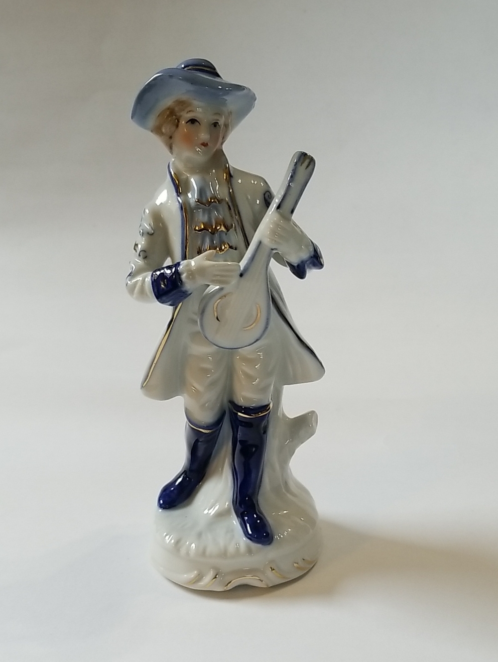 Porcelain Colonial Gentleman Playing Mandolin Figurine Cobalt Blue White Gold